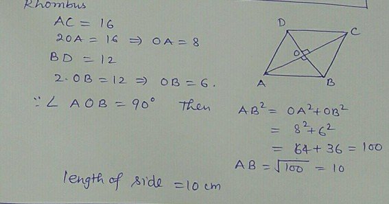 given eg = 16 and fh = 12, what is the length of one side of the rhombus?